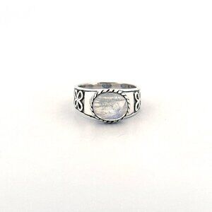 Sterling Silver 925 Oval Rainbow Moonstone Ring Floral Band Ring Women's Size 9